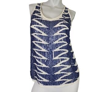 Hazel SZ Small Tank Top Blue & Cream Sequin Geometric Lightweight Festival